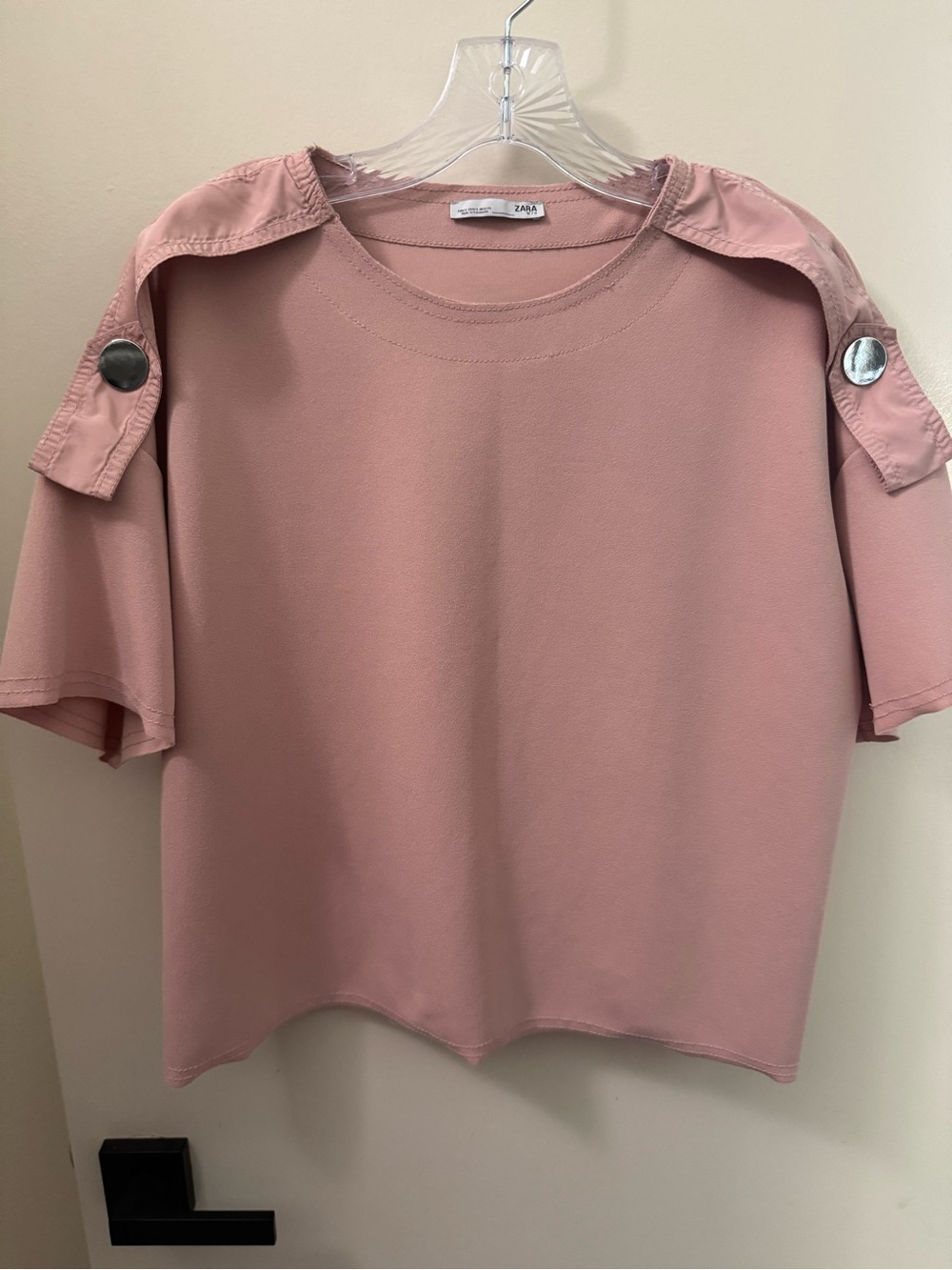 ZARA Pink Short Sleeve Top with Shoulder Tabs and Silver Button
